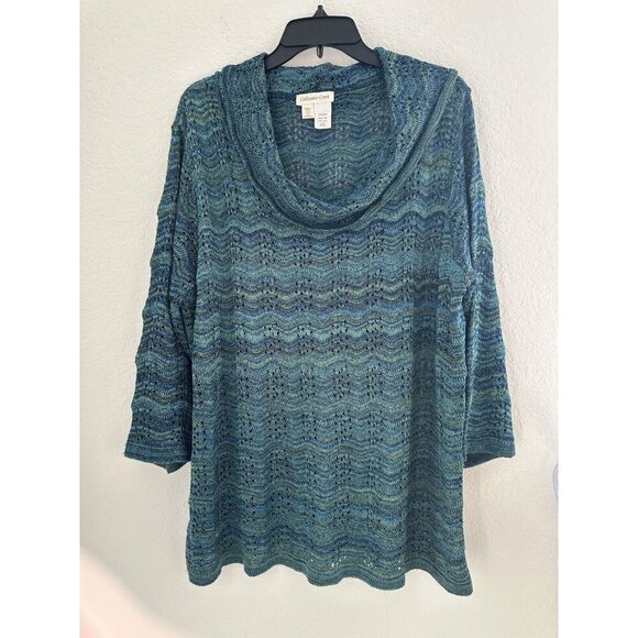 Coldwater Creek Open Weave Knit Tunic Sweater 2X Green Blue Cowl Neck Granny Y2K - Picture 1 of 10